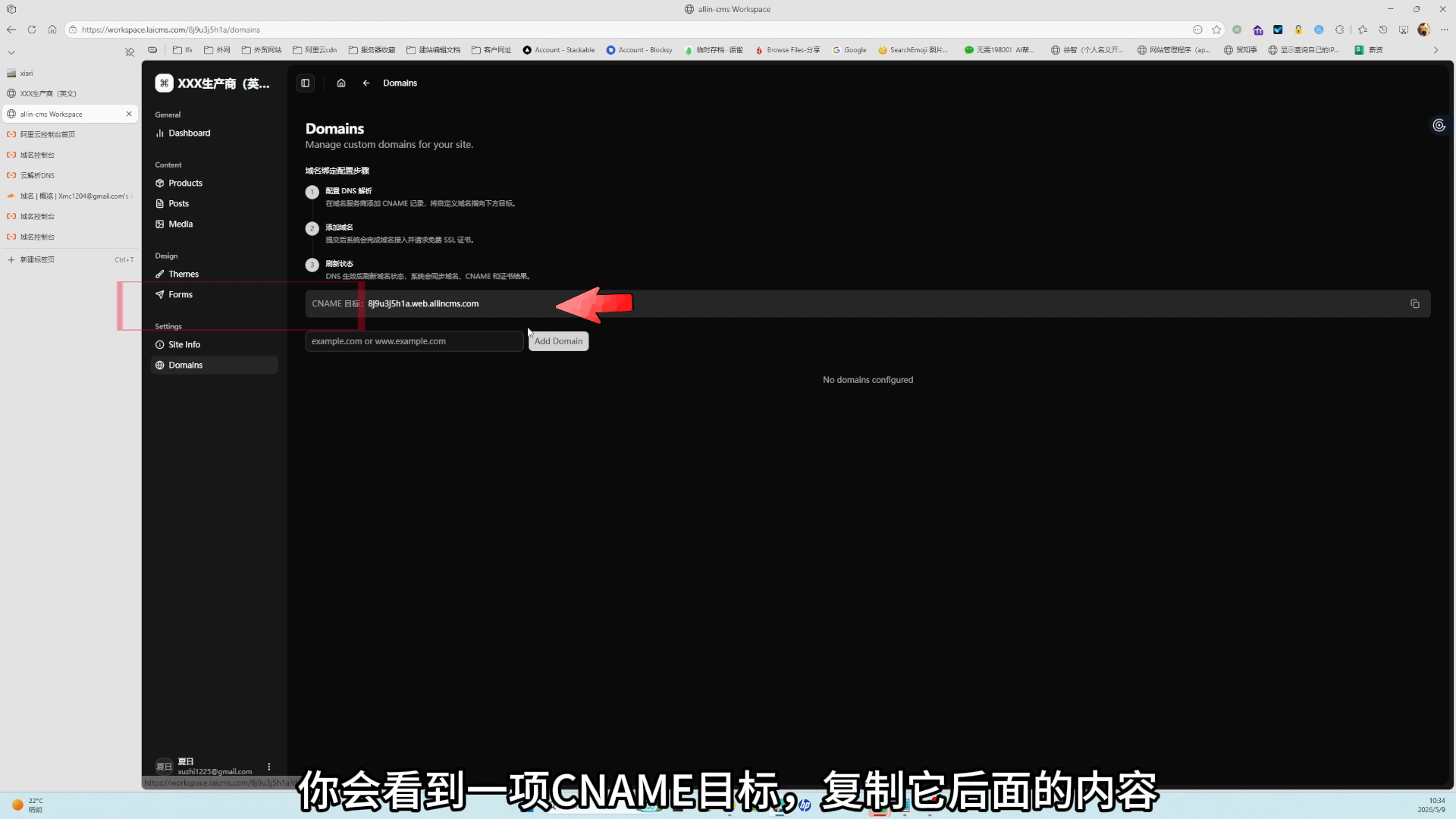 AllinCMS 网站后台的 Domains 页面 - 复制 CNAME:页面上方显示 CNAME 目标地址,右侧有复制按钮,用于复制后粘贴到域名平台