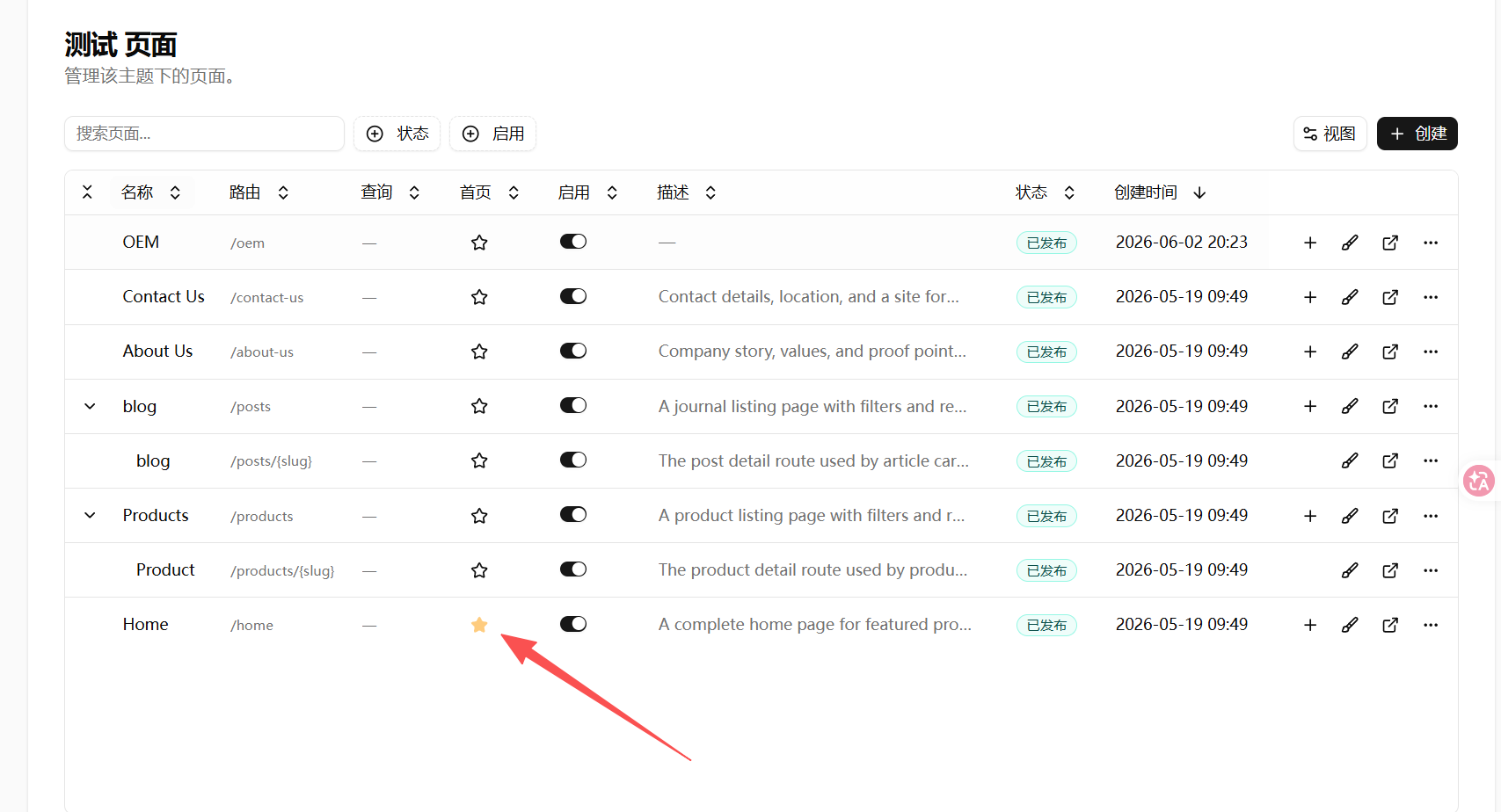 AllinCMS 网站后台主题页面列表 - Home 页面所在行的星标被设置为首页,用于确保打开网站时显示 Home 页面而不是 404