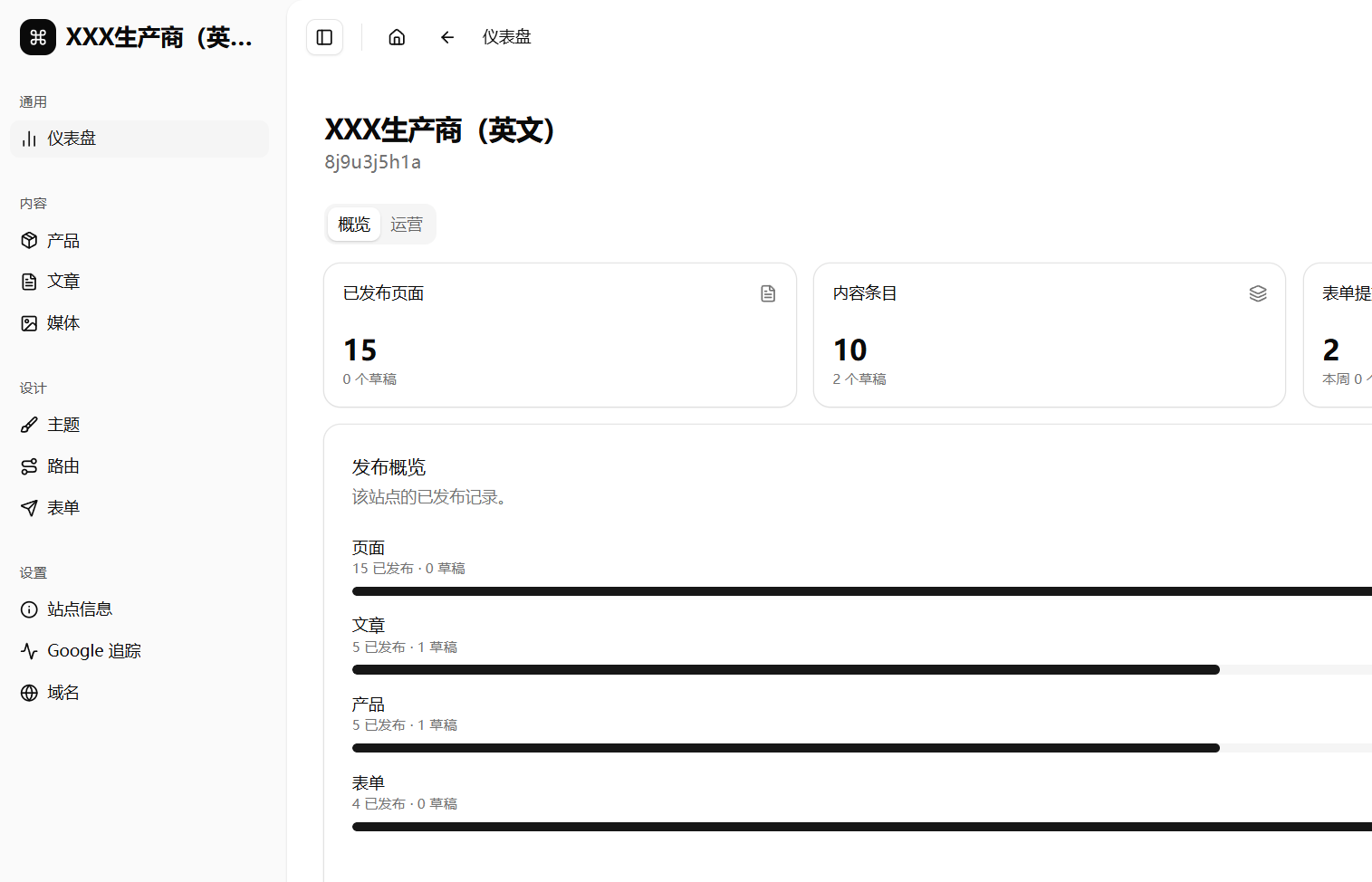 AllinCMS admin site dashboard - the left sidebar shows current menu items including Products, Posts, Media, Themes, Routes, Forms, Site Info, Google Tracking, and Domains